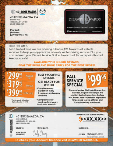 Front side of the direct mail design template for 