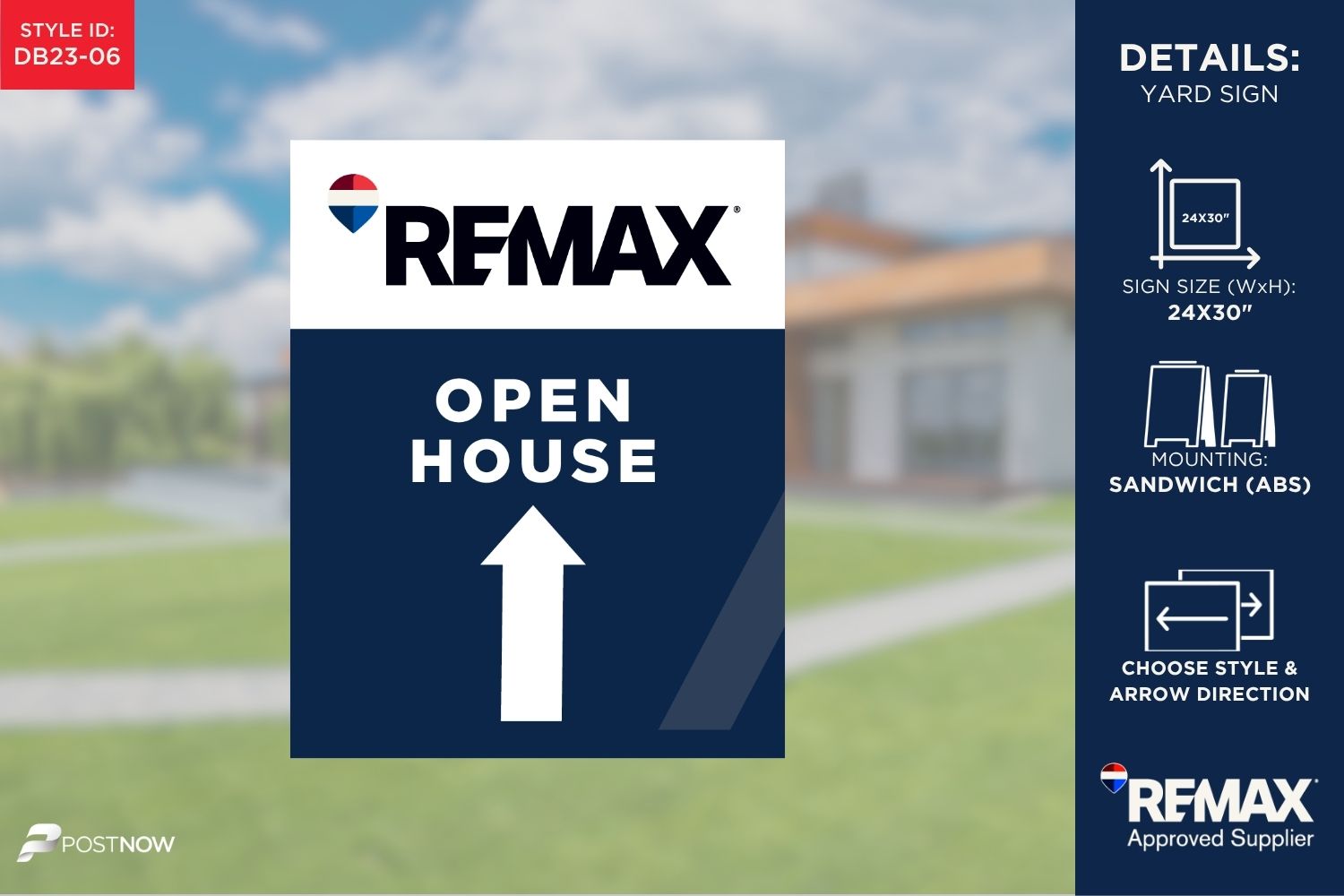 Remax 24X30 Inch Vertical Openhouse Directional Sign With Blue Slash Design.