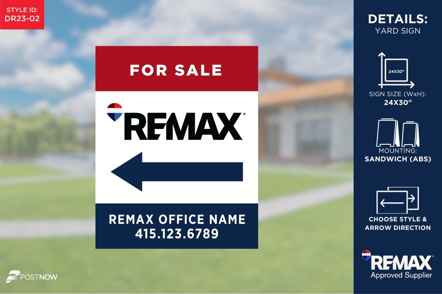 Remax 2025 Directional Real Estate Sign, 24X30 Inch, Vertical Rwb Design, For Sale, Pointing Left.