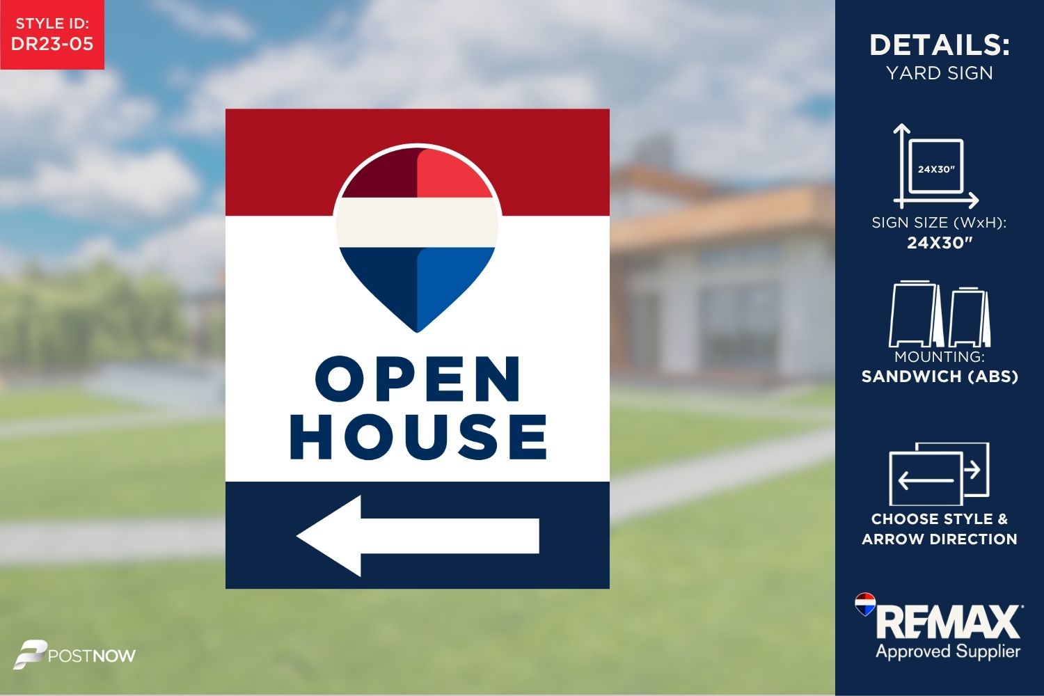 Remax 2025 Directional Rwb Open House Sign, 24X30 Vertical, Left Arrow