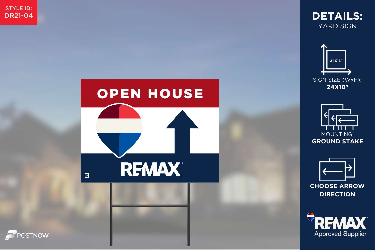 Remax 2025 Directional Real Estate Sign, 24X18 Horizontal, Rwb (Red, White, Blue) Open-House Design With An Upward Directional Arrow.