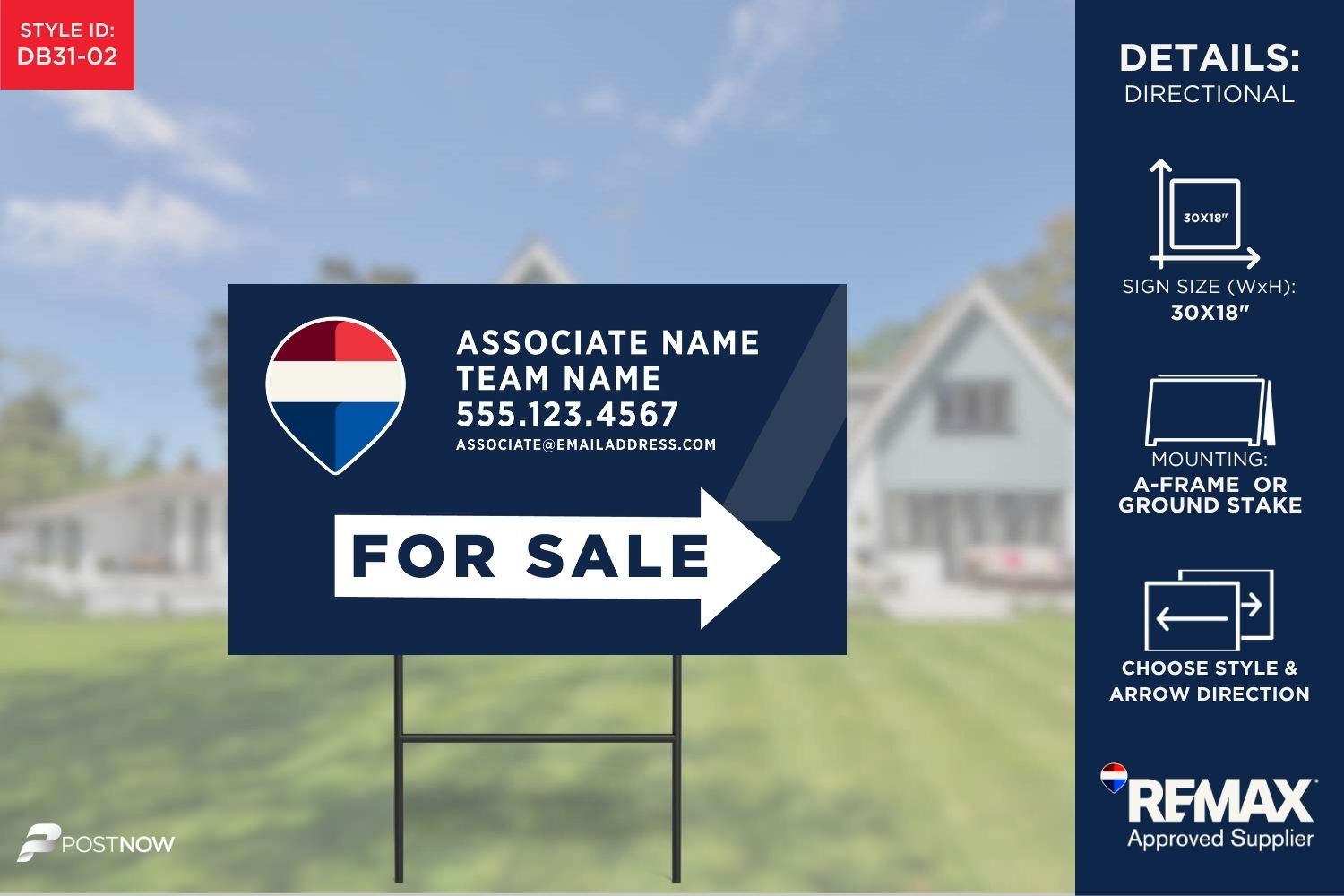 Remax 2025 30X18 Horizontal Directional Sign With Blue-Slash-Design For Real Estate Agents.