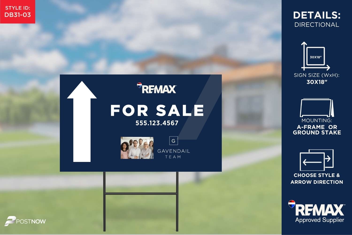 Remax 30X18 Horizontal Directional Sign With Blue-Slash Design.