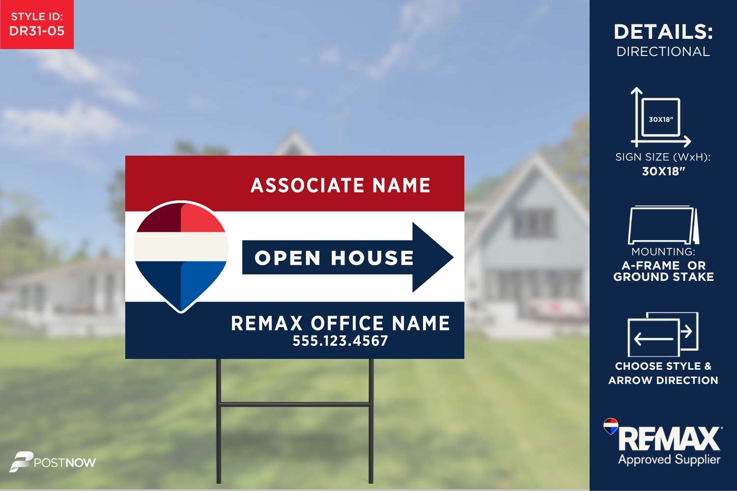 Remax 2025 Rwb Open-House Directional Sign, 30X18 Horizontal, Right-Pointing.