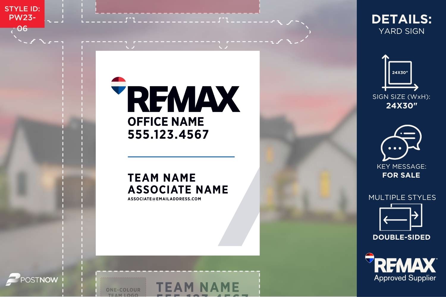 Remax For Sale Yard Sign, 24X30 Vertical, White With Slash Design For Associate Team Name.