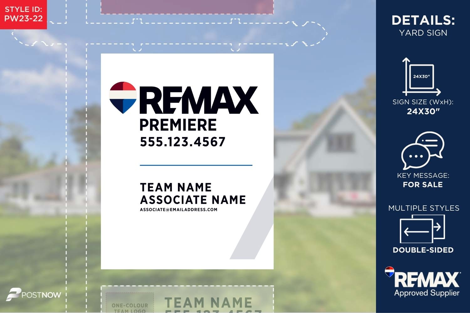 Remax 2025 For Sale Yard Sign, 24X30 Vertical, With Associate Team Name And White Slash Design.