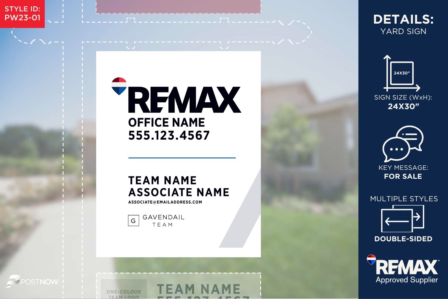 Remax 2025 For Sale Yard Sign, 24X30 Vertical, Associate Team Logo, Long White Slash Design