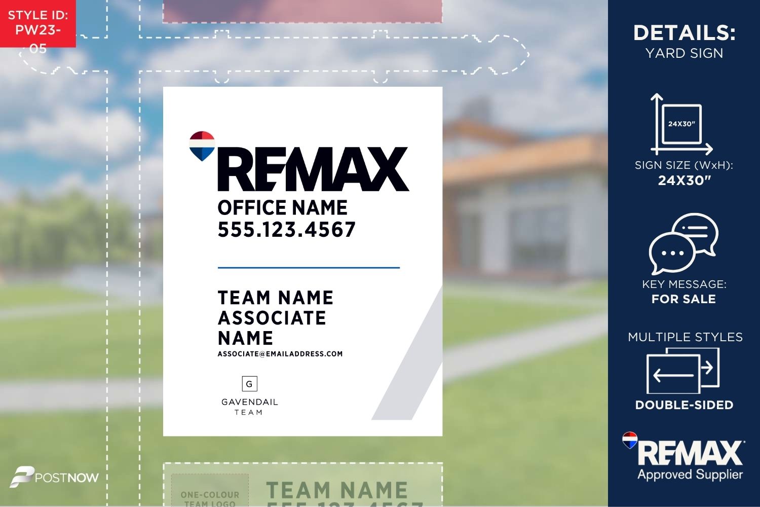 Remax 2025 For Sale Yard Sign, 24X30 Vertical, Associate Team Logo, Square, White Slash Design.