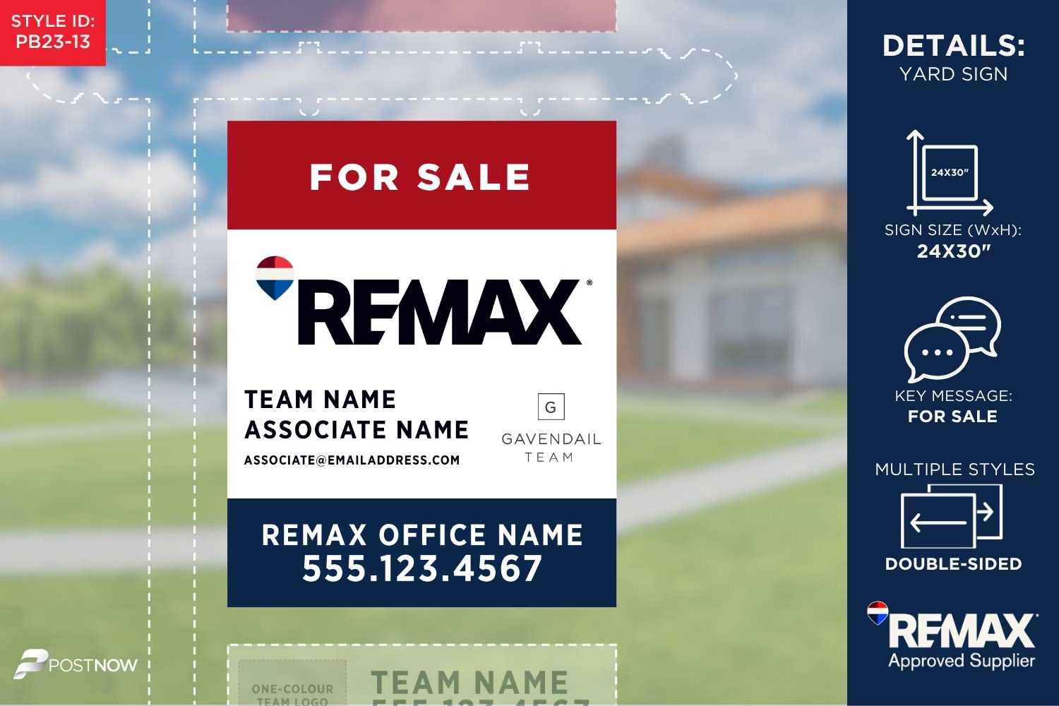 Remax For Sale Yard Sign, 24X30, Vertical, Office Prominent, Agent Photo Clipped, Blue Slash Design.