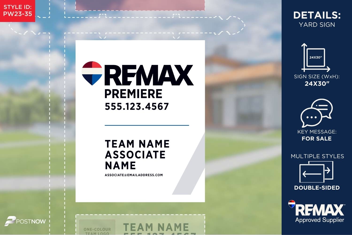 Remax For Sale Yard Sign 24X30 Vertical White Slash Design With Office And Associate Team Logo.