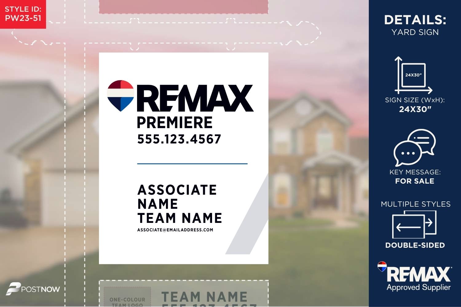 Remax 2025 For Sale Yard Sign, 24X30 Vertical, White Slash Design For Office Prominent Associate Team.