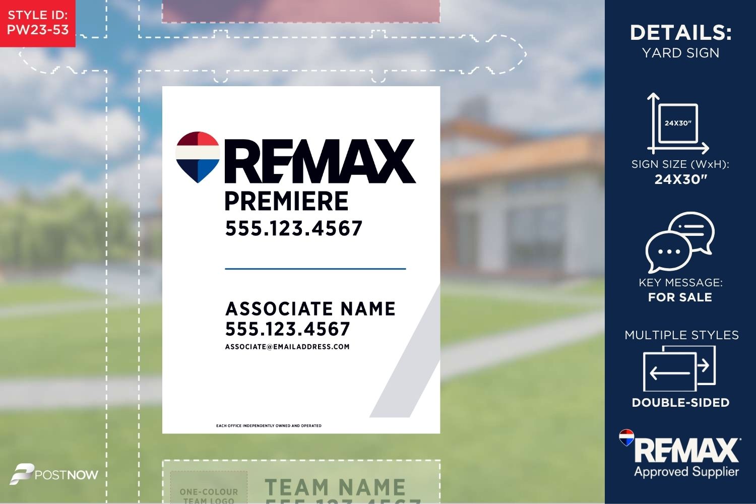 Remax For Sale Yard Sign, 24X30 Vertical, With Prominent Office Branding And A White Slash Design.