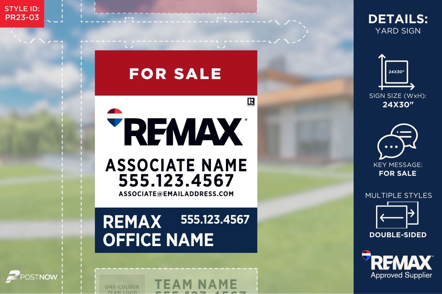 Remax 2025 For Sale Yard Sign, 24X30 Vertical, Rwb Design For Office Brokerage With Prominent Associate Name Font Increase.