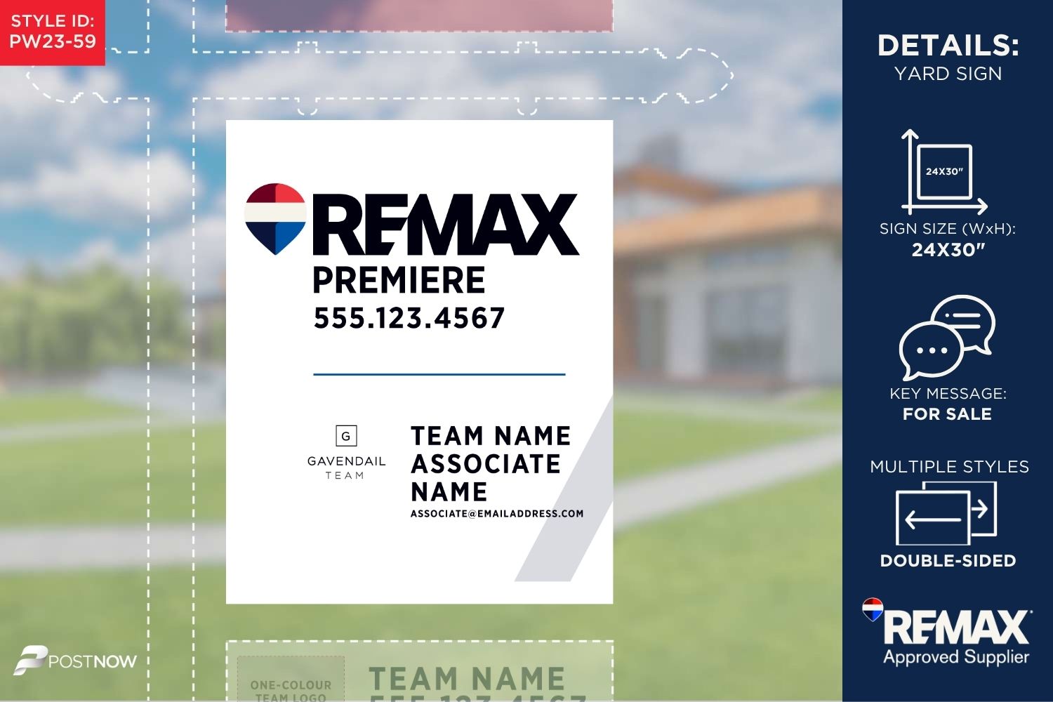 Remax 2025 For Sale Yard Sign, 24X30 Vertical, White Slash Design With Office And Team Logo.