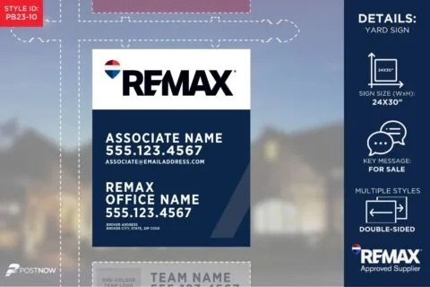 REMAX 2025 For Sale Yard Sign, 24x30, vertical, blue slash design, prominent office address.