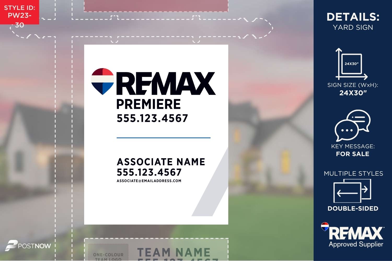 Remax 2025 For Sale Yard Sign, 24X30 Vertical, With Standard Team Logo And 2 White Slash Design.