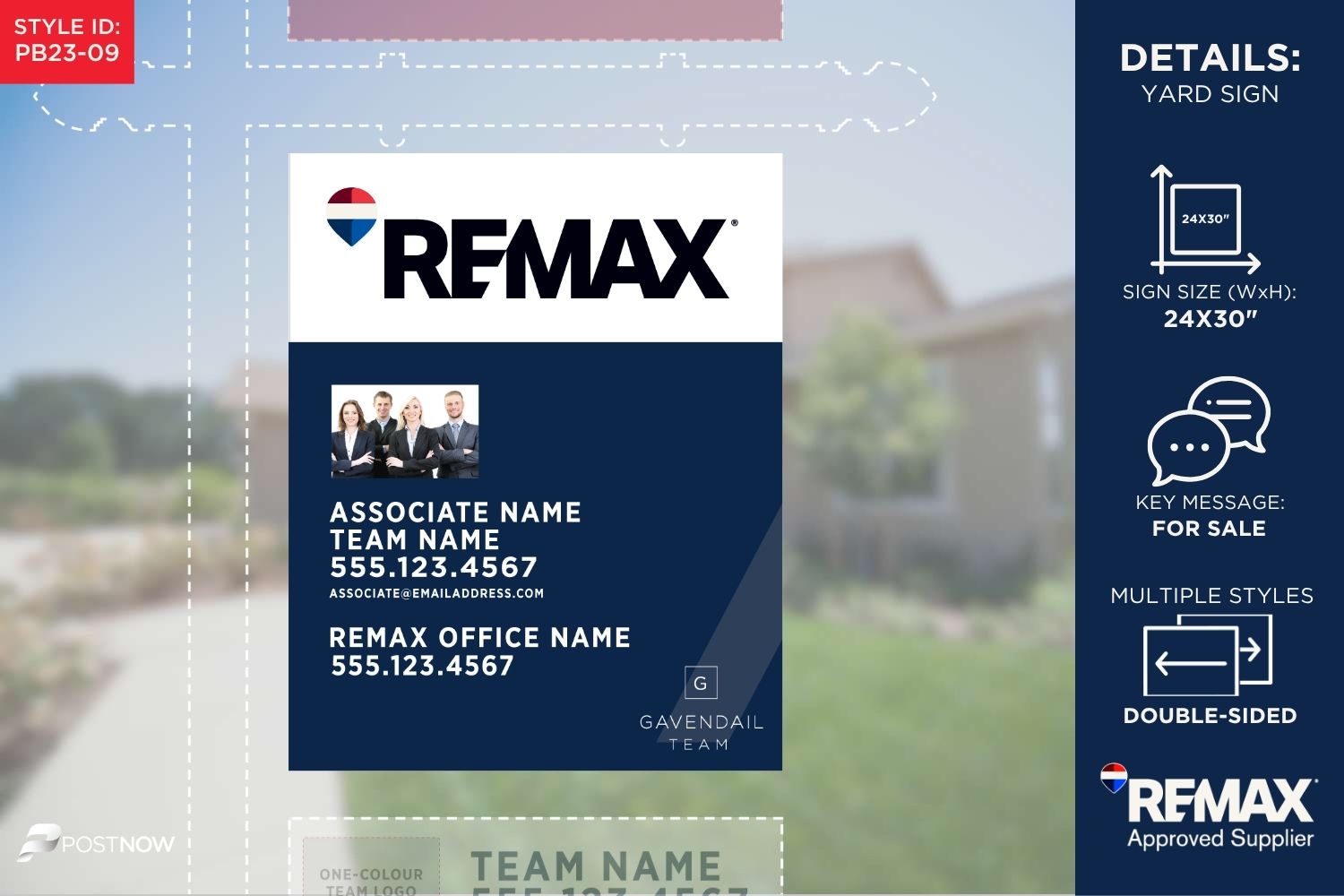 Remax For Sale Yard Sign, 24X30 Vertical, Team Photo, Team Logo, Blue Slash Design.