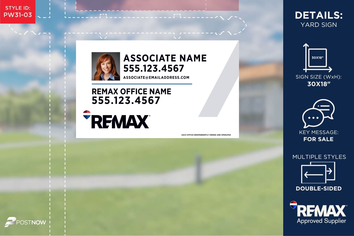Remax For Sale Yard Sign, 30X18 Horizontal, Agent Photo, Square White Slash Design.