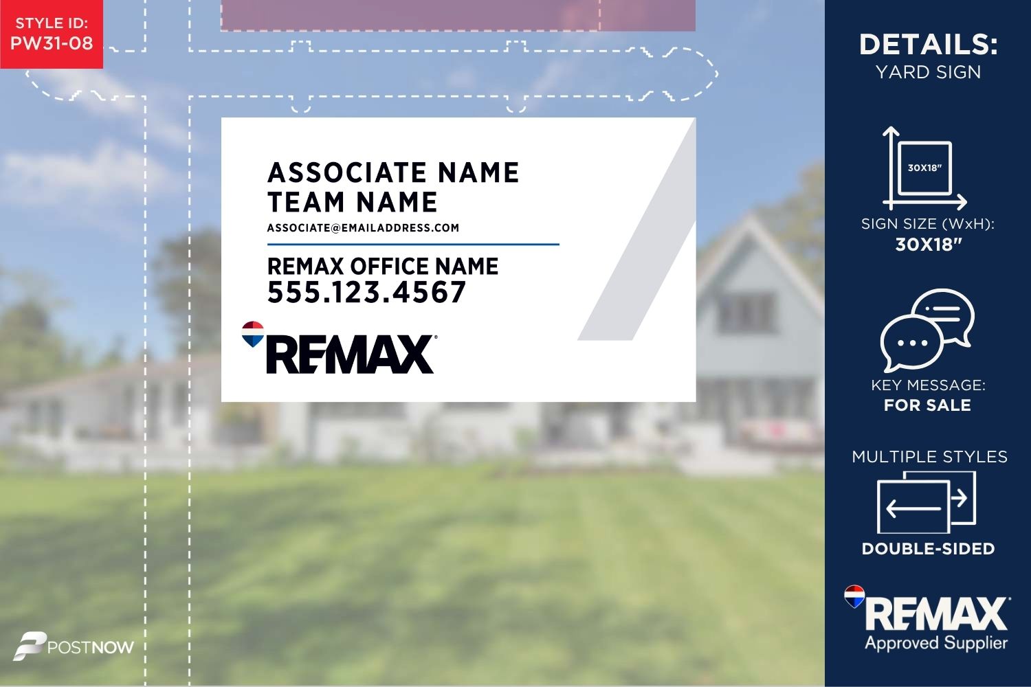 Remax For Sale Yard Sign, 30X18 Horizontal, White Slash Design, For Associate Team Name.