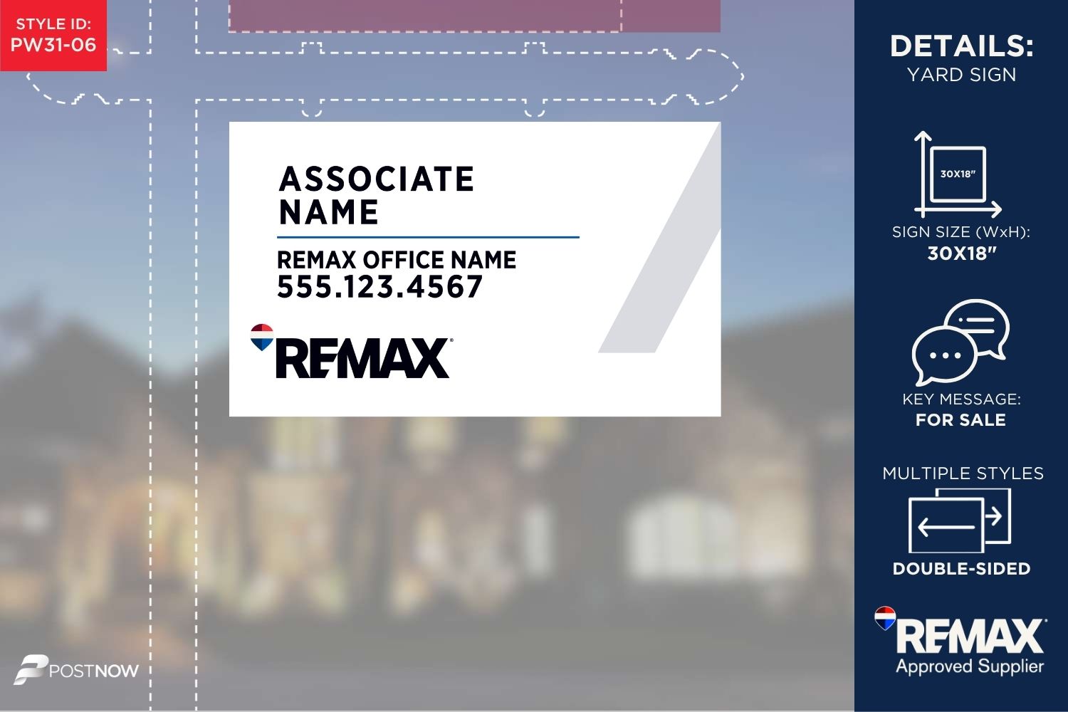 Remax For Sale Yard Sign, 30X18 Horizontal, White Slash Design For Associate Name.