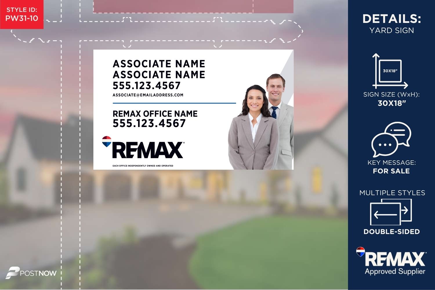 Remax For Sale Yard Sign, 30X18 Horizontal, With 2 Agent Photo Clipped Design And White Slash.