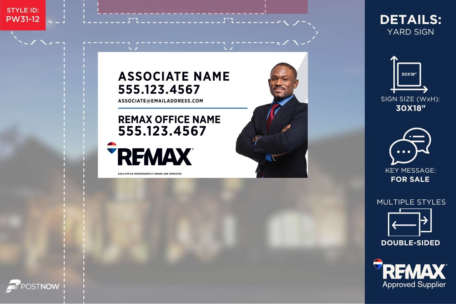 Remax 2025 For Sale Yard Sign - 30X18 Horizontal With Clipped Agent Photo And White Slash Design.