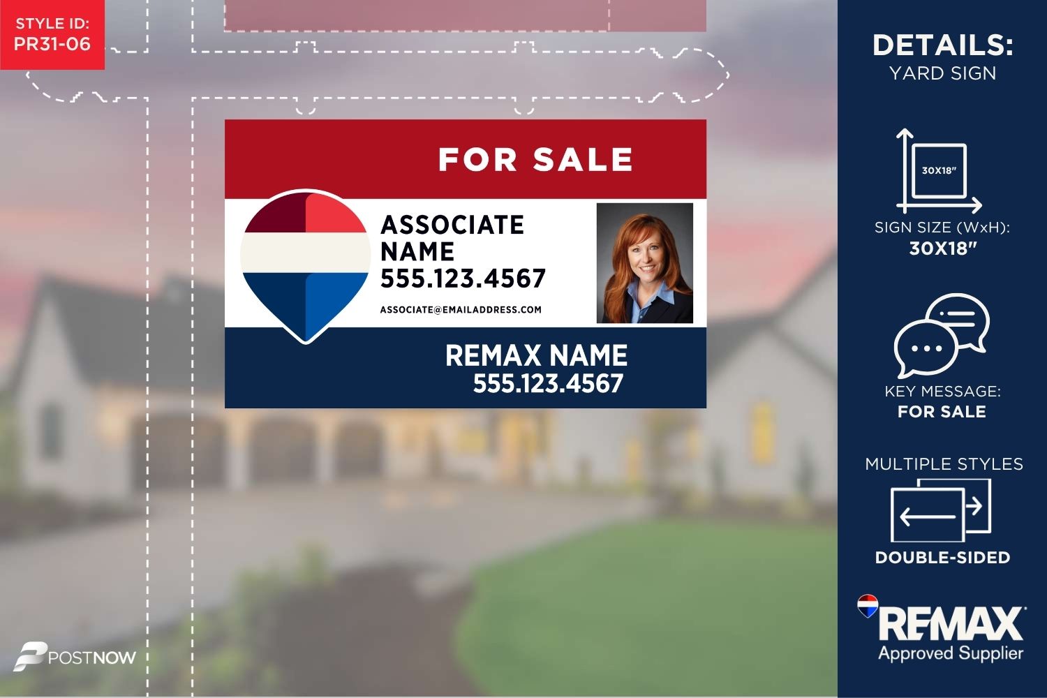 Remax 2025 For Sale Yard Sign, 30X18 Horizontal, Rwb Design, Office Prominent, With Agent Photo.