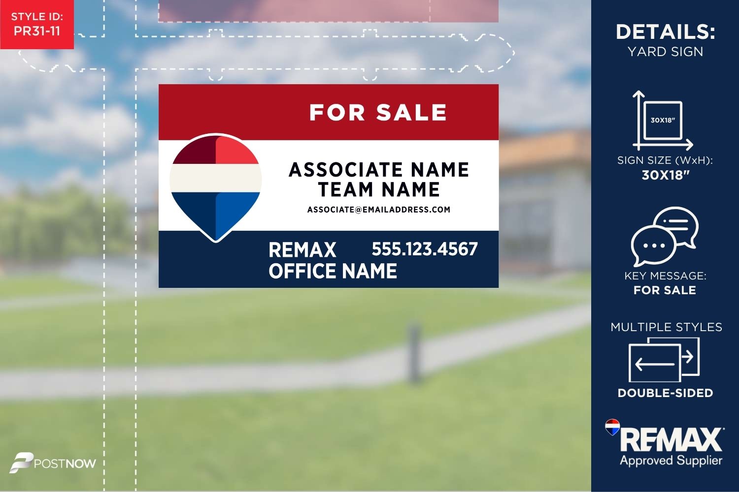 Remax 2025 Rwb 30X18 Horizontal Yard Sign For Real Estate Agents, Featuring Prominent Office And Associate Team Name.