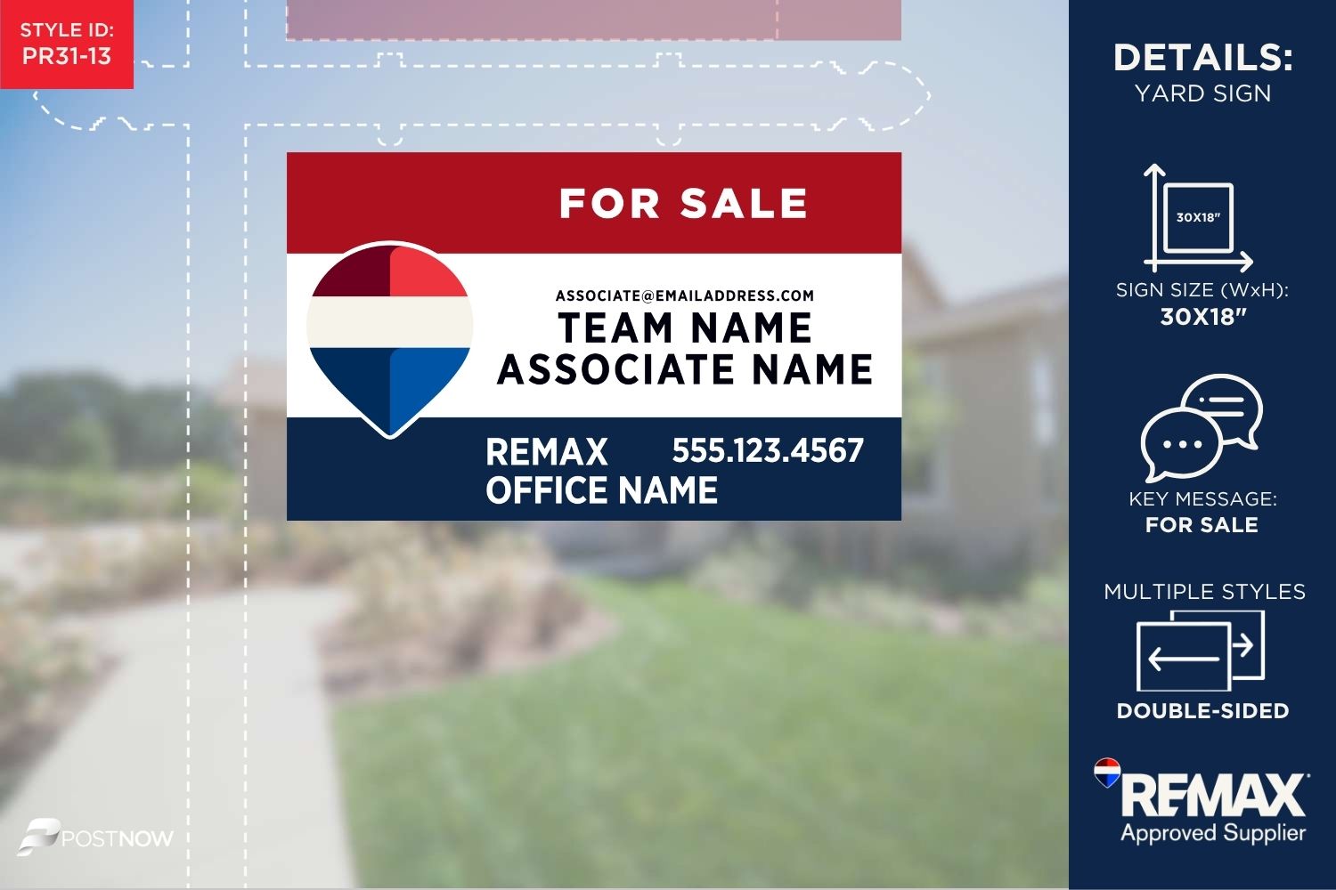 Remax For Sale Yard Sign, 30X18 Horizontal, Rwb Design For Office, Associate, Team.