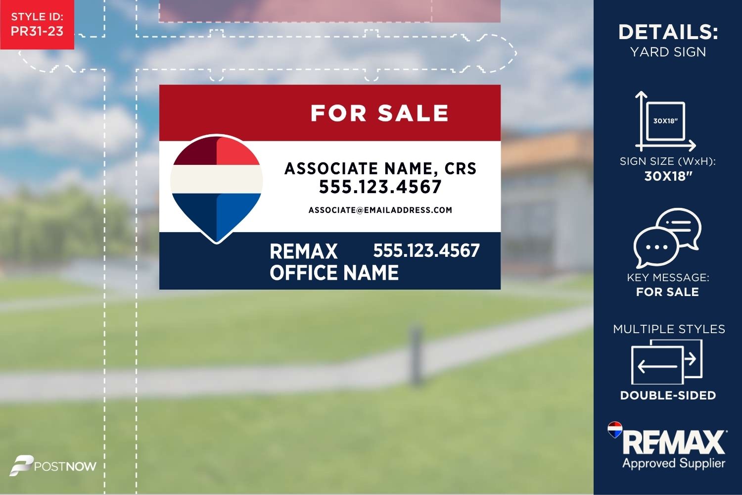 Remax For Sale Yard Sign, 30X18, Horizontal, Office Prominent Rwb Standard Design.