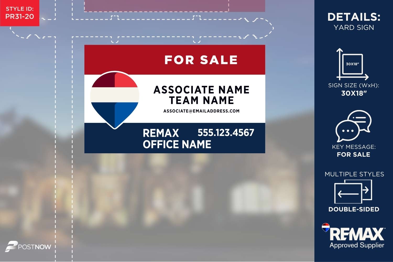 Remax For Sale Yard Sign, 30X18 Horizontal, Office Prominent Rwb Design.