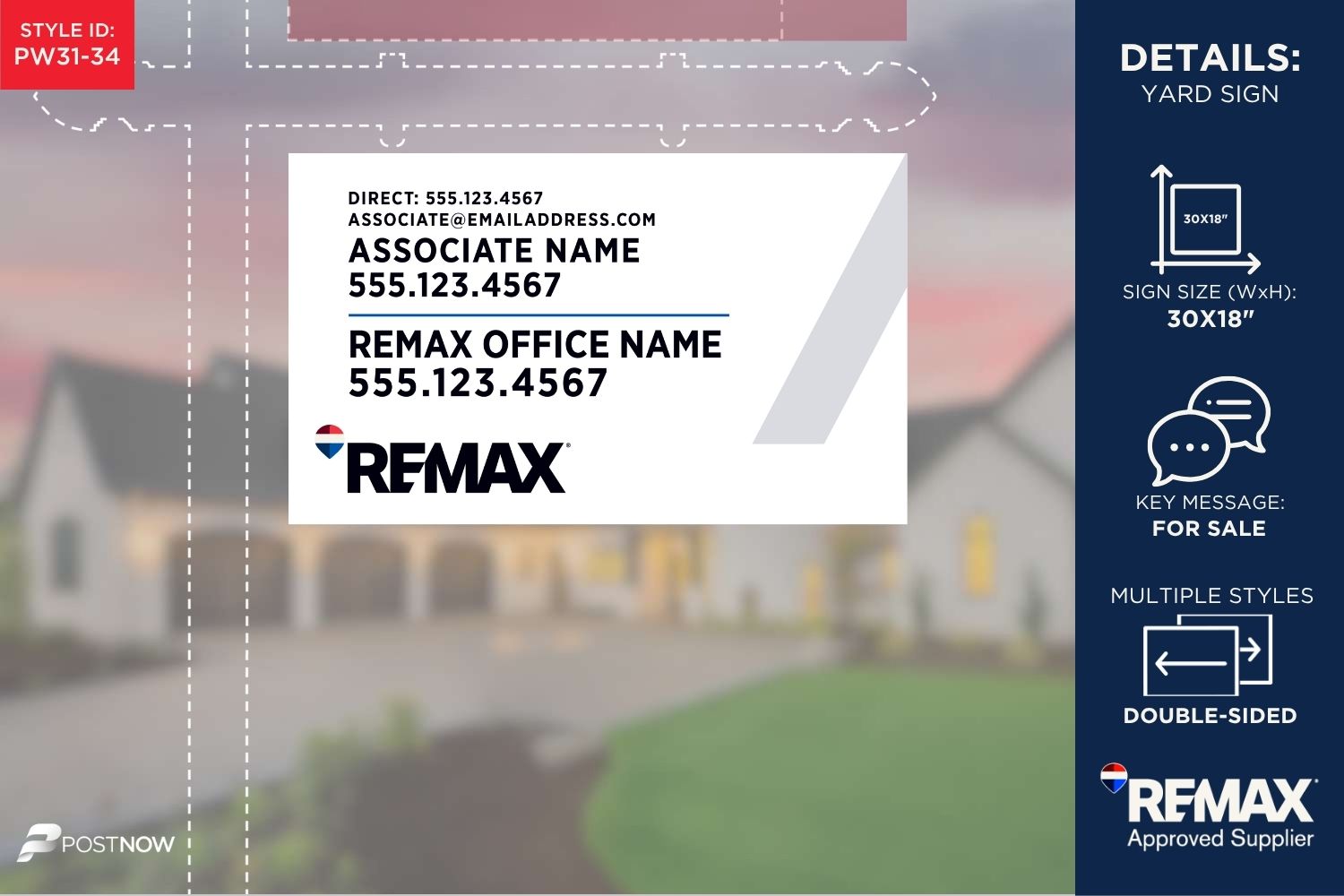 Remax For Sale Yard Sign, 30X18 Horizontal, Office Prominent, Alberta, White Slash Design.