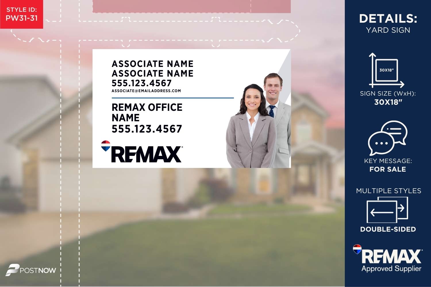 Remax For Sale Yard Sign, 30X18 Horizontal With Prominent Agent Photo And White Slash Design, Ideal For Real Estate Agents.