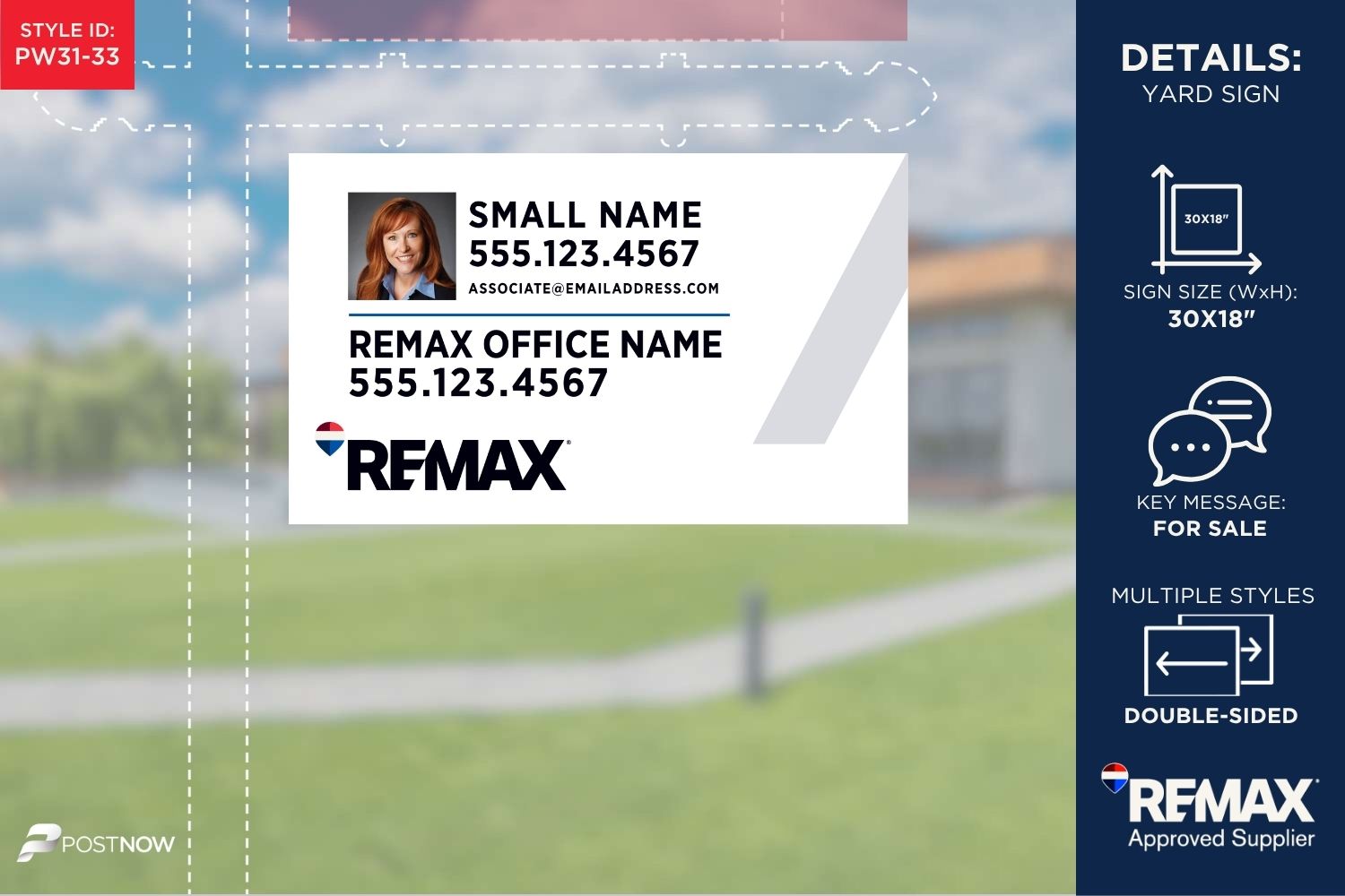 Remax For Sale Yard Sign, 30X18 Horizontal, With Office Prominent And Agent Photo, White Slash Design.