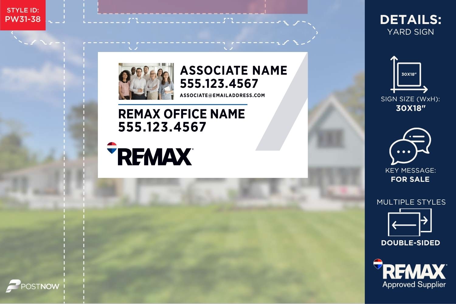 Remax 2025 30X18 Horizontal Office For Sale Yard Sign With Prominent Associate Team Photo And White Slash Design.