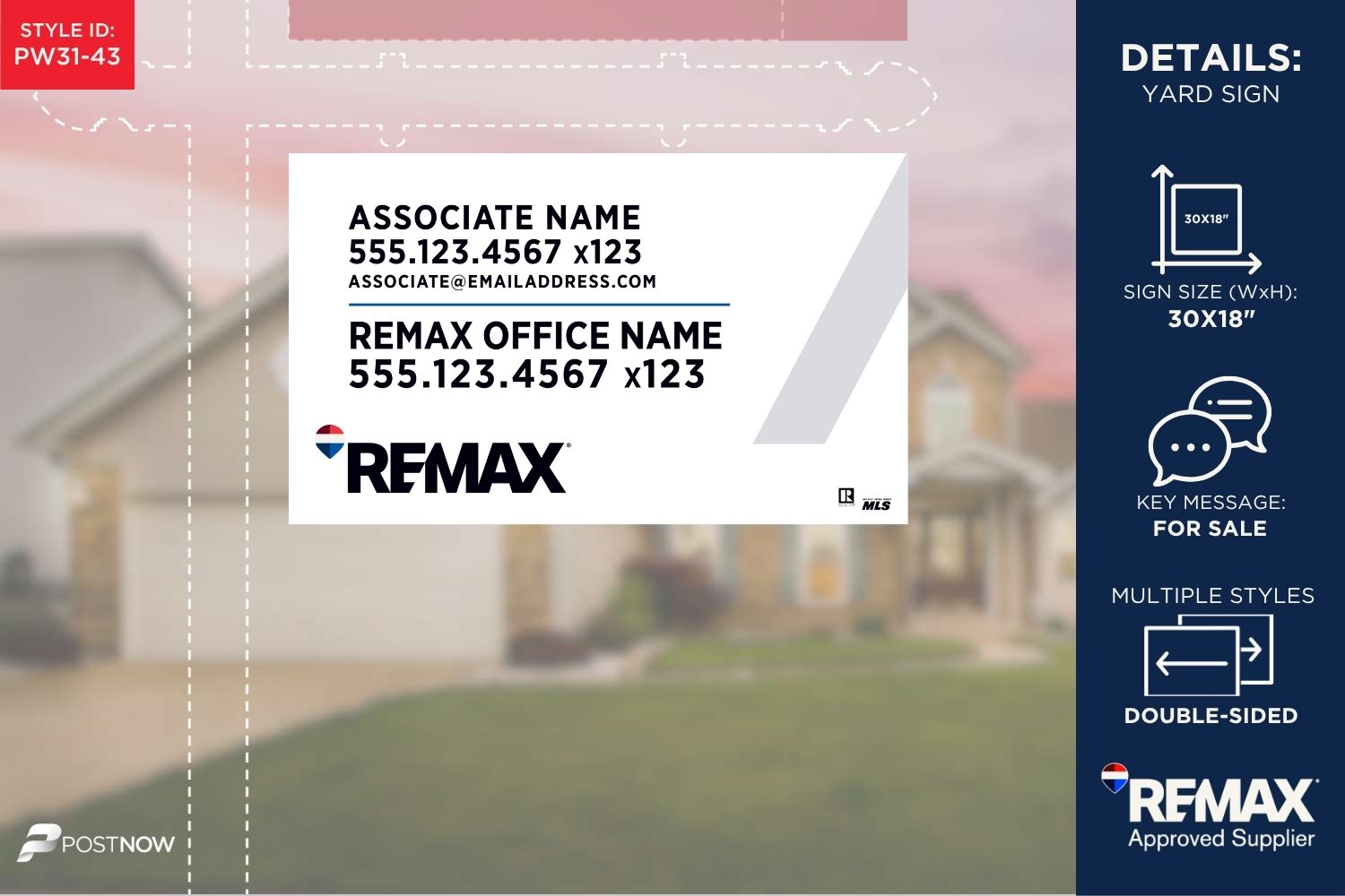Remax For Sale Yard Sign, 30X18 Horizontal, White Slash Design With Office And Phone Extension.
