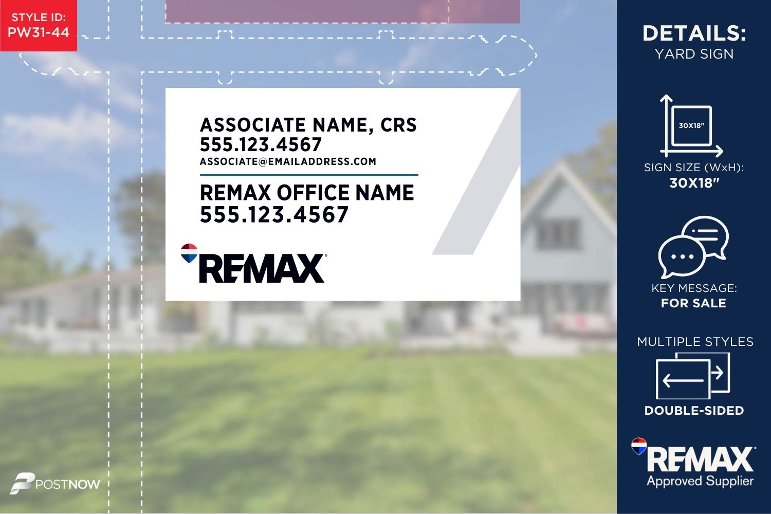 Remax For Sale Yard Sign, 30X18 Horizontal, Office Prominent Standard Des White Slash Design.