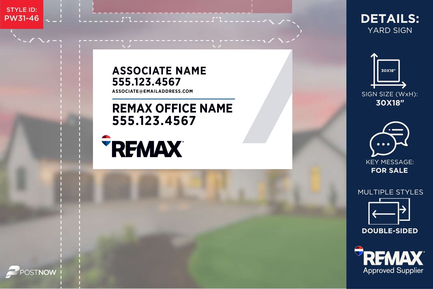 Remax For Sale Yard Sign, 30X18 Horizontal, White Prominent Slash Design For Real Estate Agents.