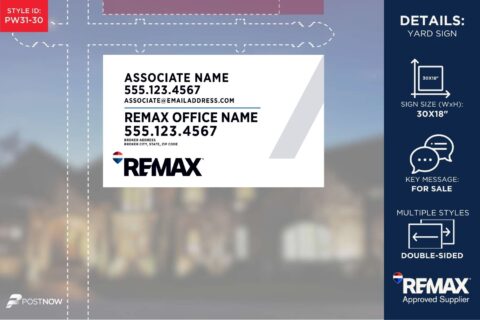 Remax For Sale Yard Sign, 30X18, Horizontal, White Slash Design, Office Prominent Address.