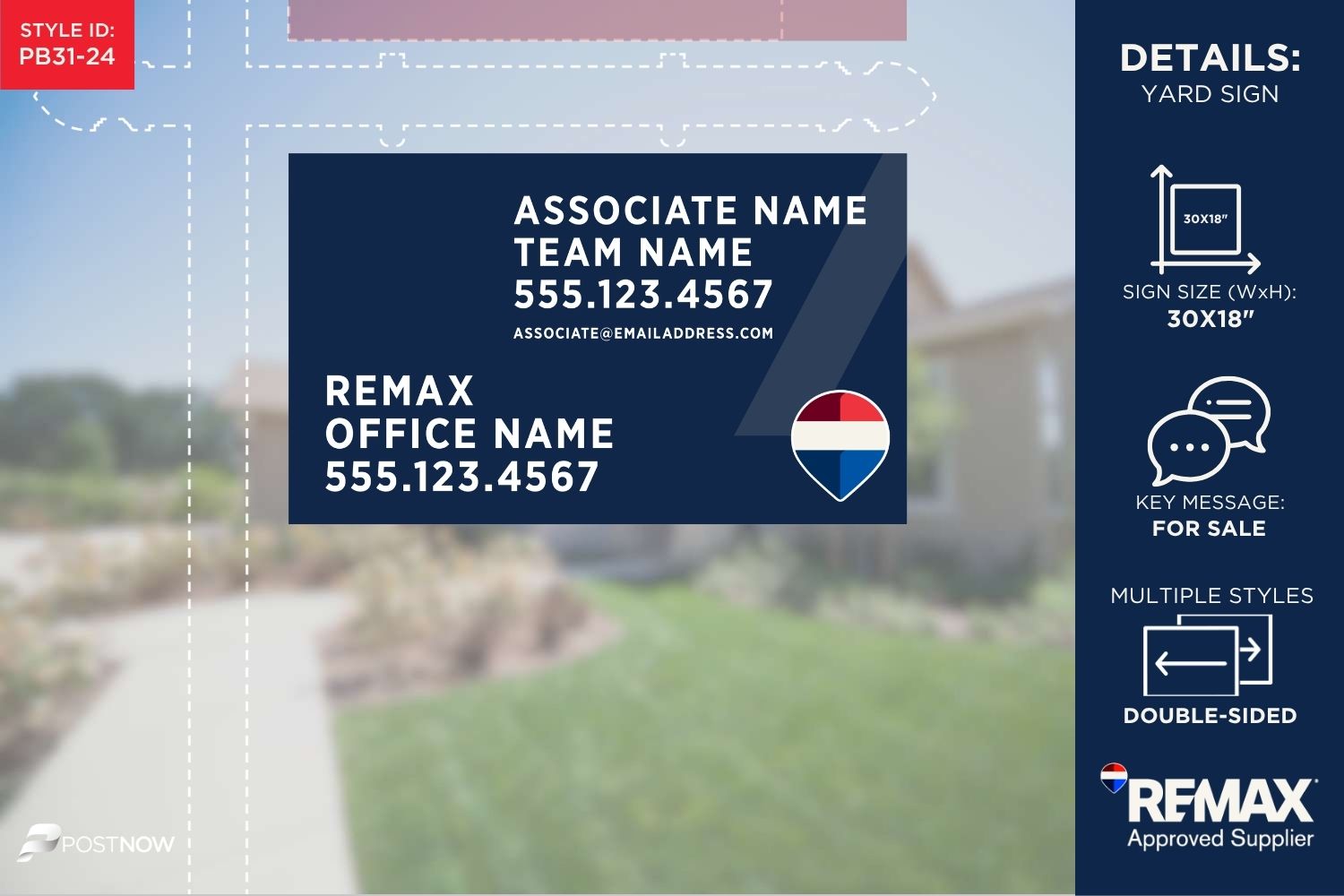 Remax For Sale Yard Sign, 30X18 Horizontal, Blue Slash Design With Prominent Office Team Logo And Qr Code.