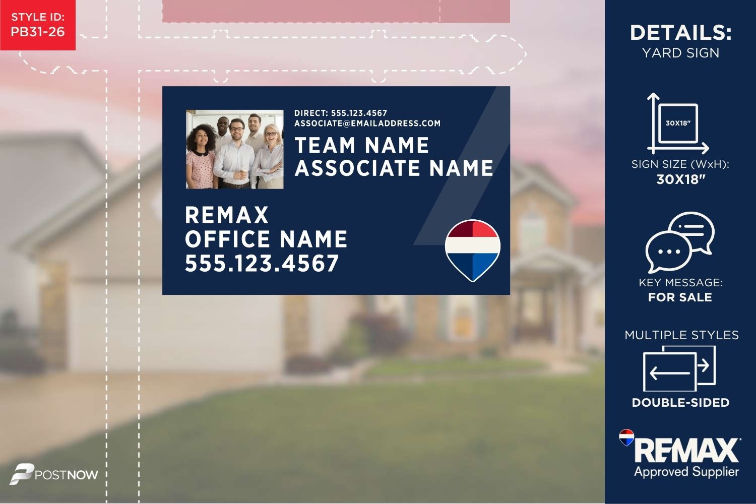 Remax For Sale Yard Sign, 30X18 Horizontal, Blue Slash Design With Prominent Office And Team Photo, For Alberta Real Estate Agents.