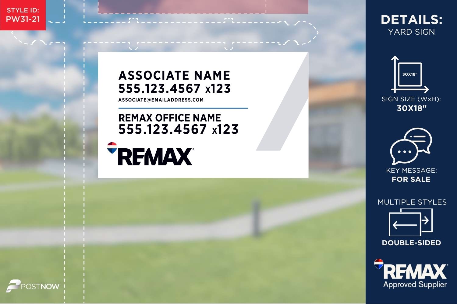 Remax For Sale Yard Sign, 30X18 Horizontal, With Phone Extension And White Slash Design.