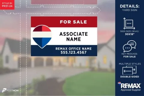 REMAX For Sale Yard Sign, 30x18 horizontal RWB design for associate name.