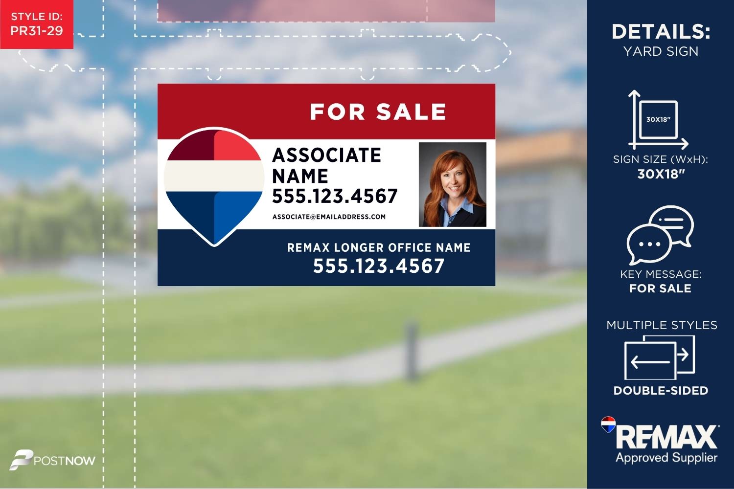 Remax For Sale Yard Sign, 30X18, Horizontal Rwb Design With Agent Photo And Longer Office Name.