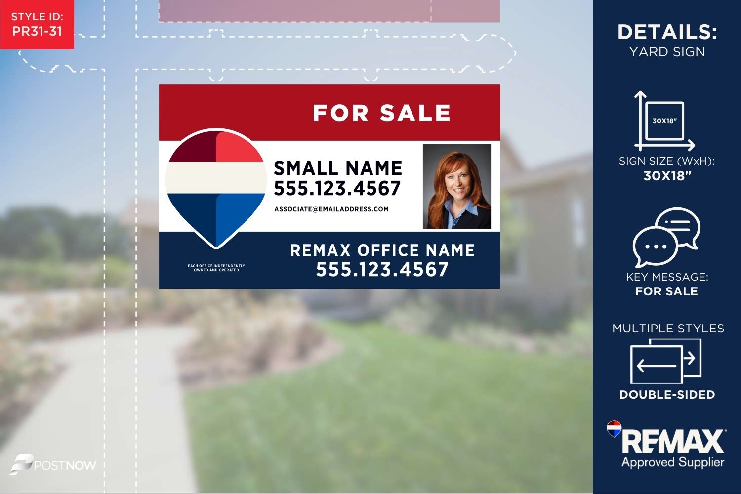 Remax For Sale Yard Sign, 30X18 Horizontal, Rwb Design With Agent Photo (6X7.5 Inches).
