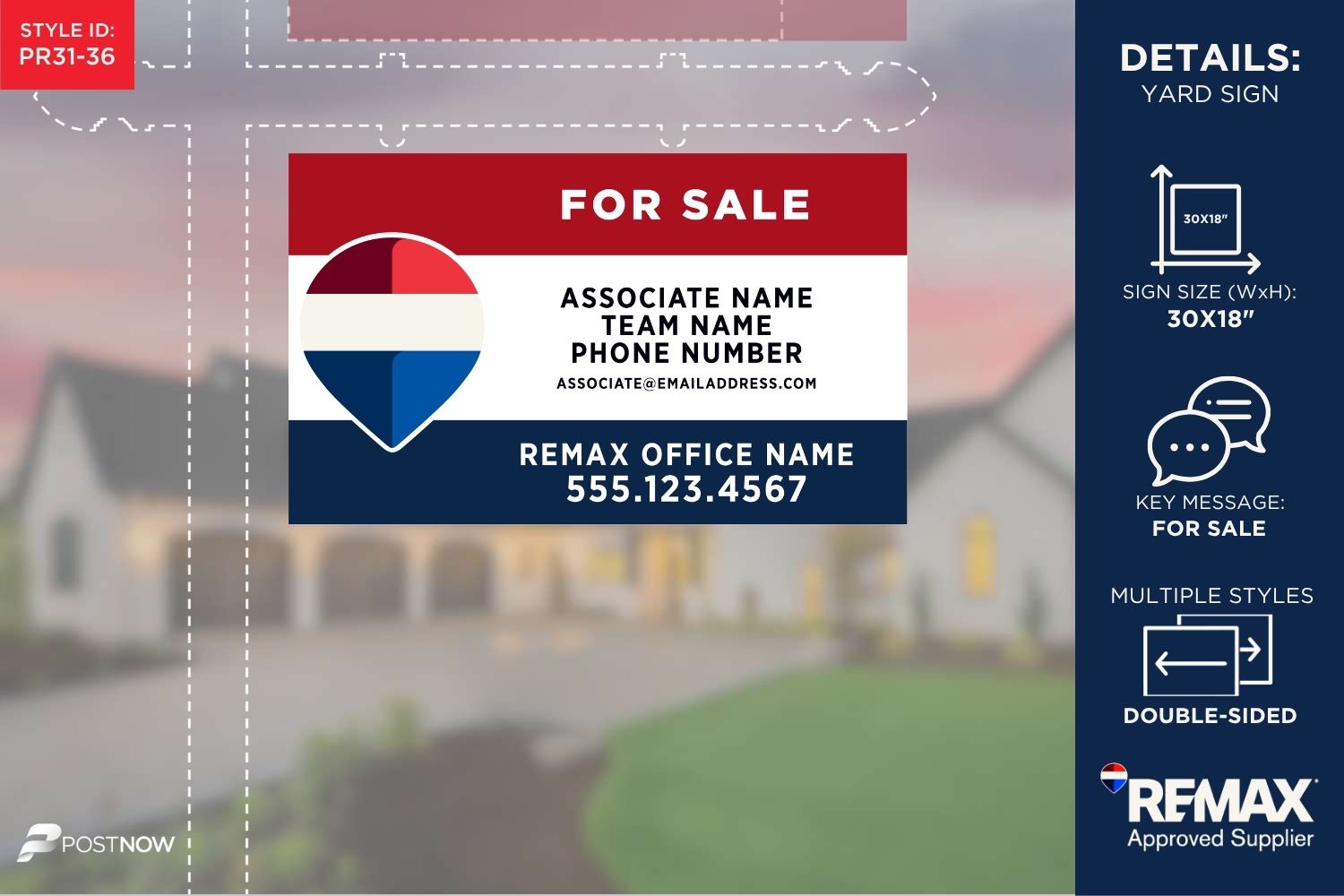 Remax 2025 Rwb 30X18 Horizontal Yard Sign For Real Estate Agents With Associate Team Name.