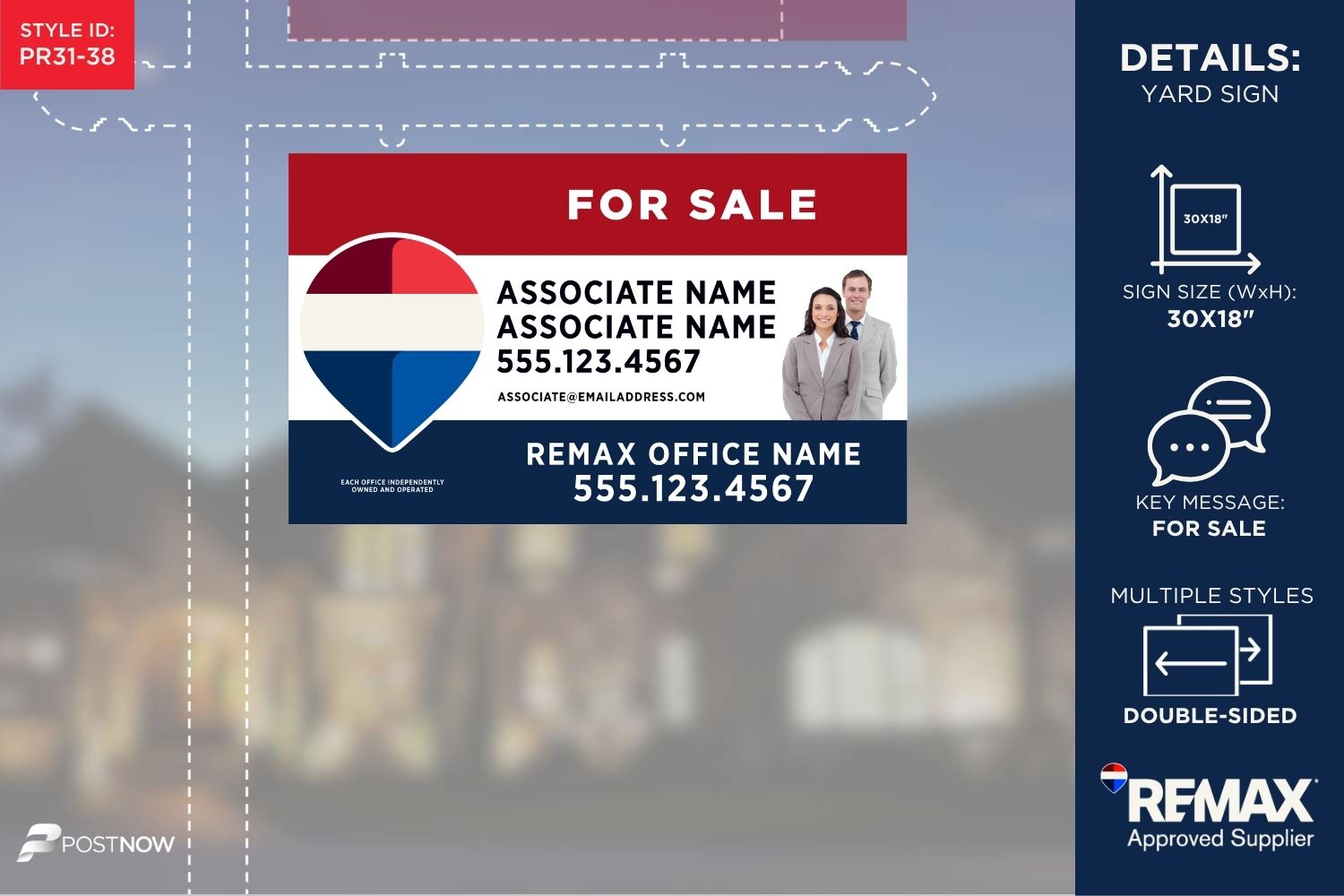 Remax For Sale Yard Sign, 30X18 Horizontal Rwb Design With 2 Agent Photo, 6X7.5 Clipped.