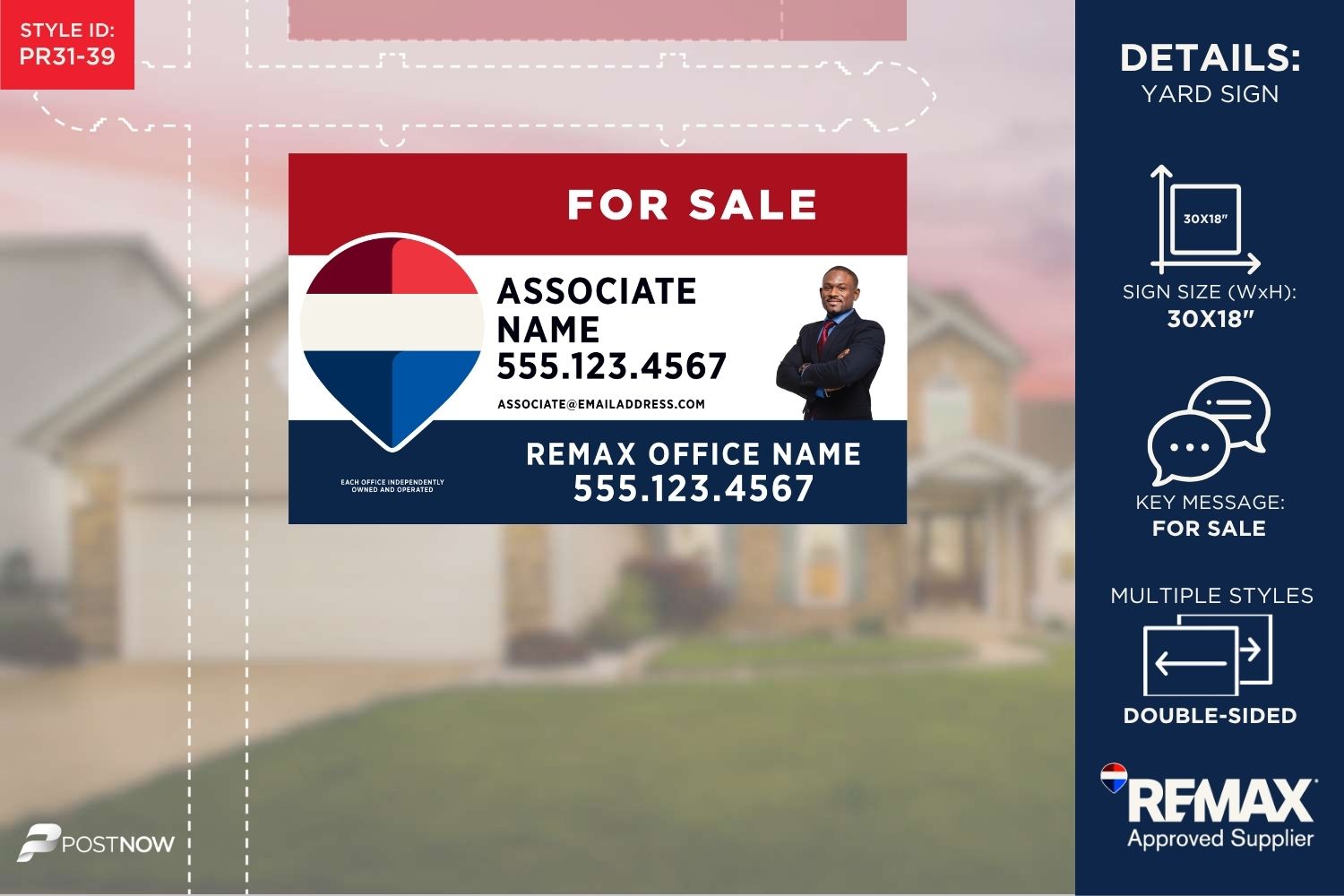 Remax For Sale Yard Sign, 30X18 Horizontal, Rwb Design With Clipped Agent Photo And 3 Lines Of Text.