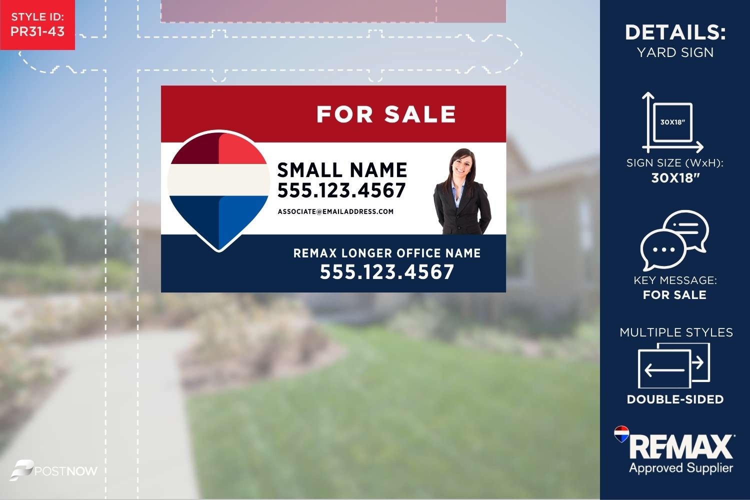 Remax 2025 For Sale Yard Sign, 30X18 Horizontal, Rwb Design, With Clipped Agent Photo And Longer Office Name.