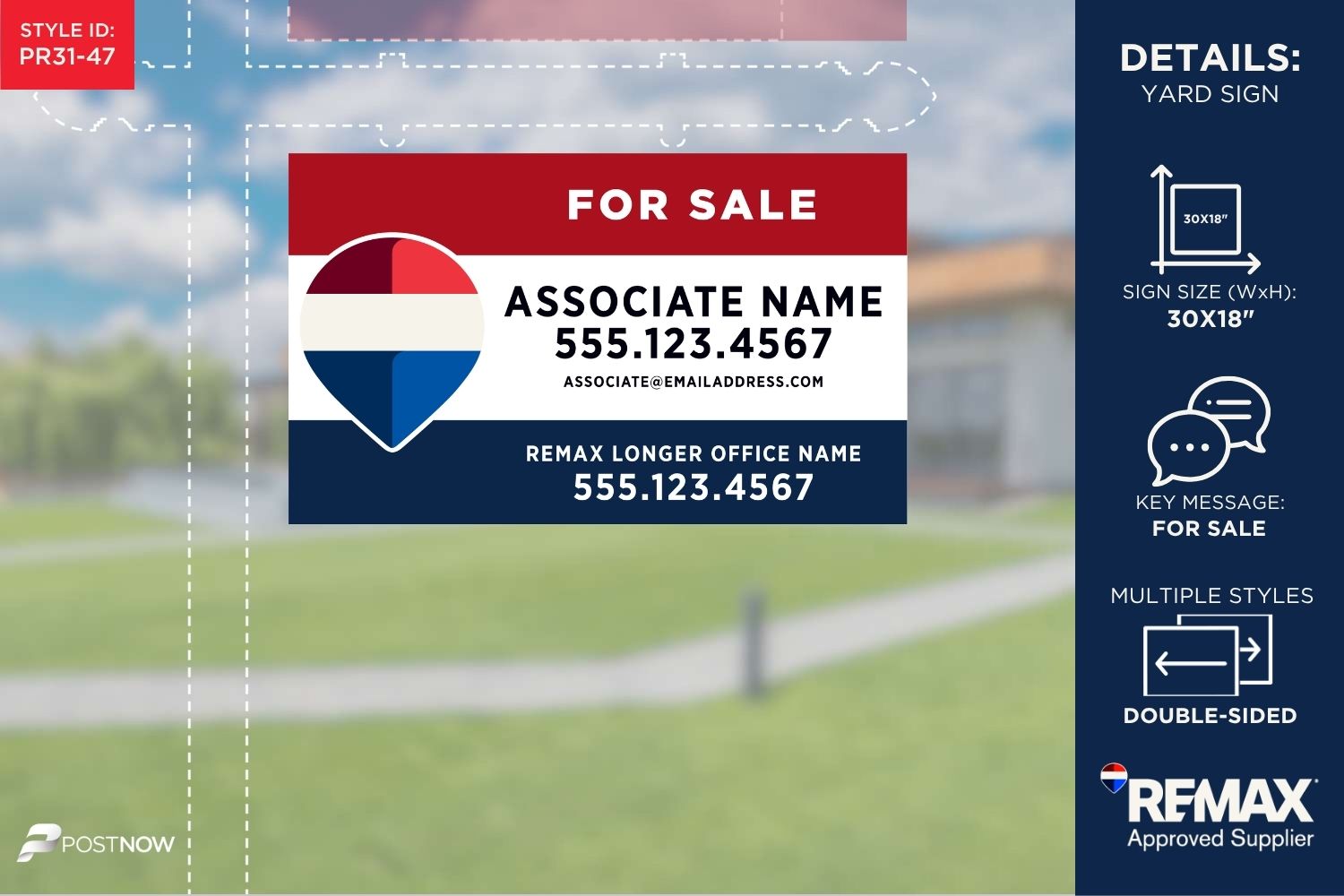 Remax For Sale Yard Sign, 30X18, Horizontal, Rwb, Long Office Name